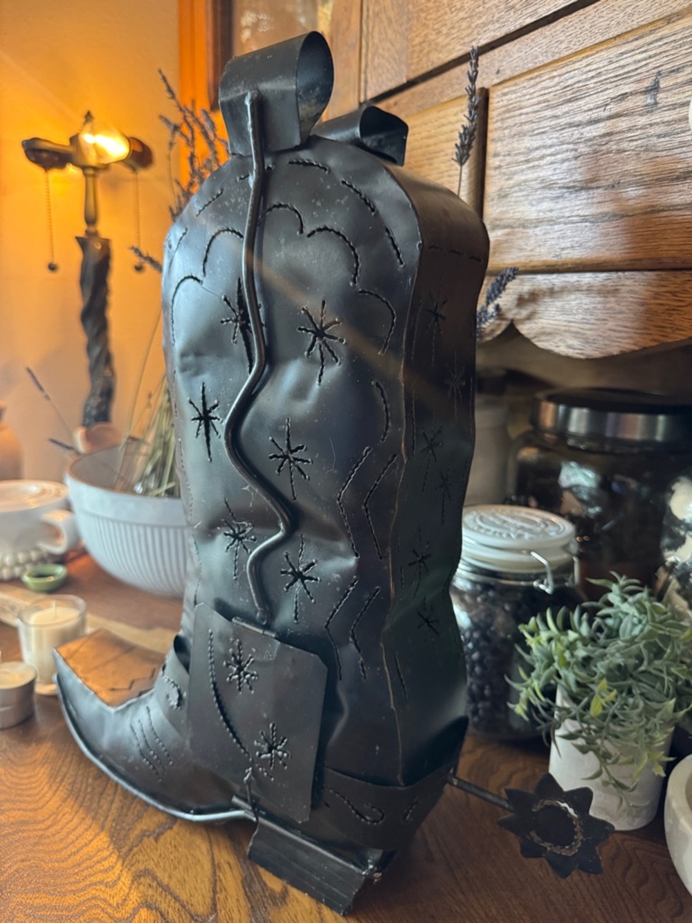 KARL VIDSTRAND Metal Southwest Cowboy Candle Holder Boot Decor w/candles &votive - Picture 3 of 13